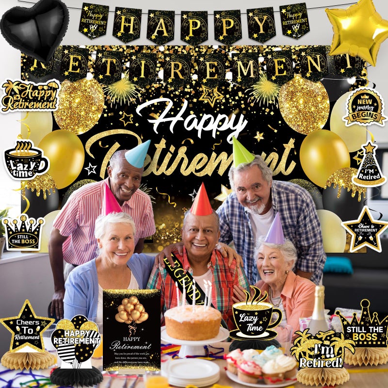 Bolake Happy Retirement Party Decorations for Men Women Black and Gold Retirement Party Decorations Happy Retirement Banner Backdrop Card Retirement Sash Hanging Swirls Foil Balloons Honeycomb Centerpieces - Image 4